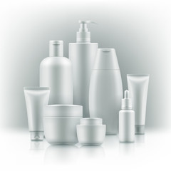 Realistic cosmetic mockup. Packages for cosmetic. Blank templates of containers vial with dropper, bottle for shower gel, lotion, shampoo with pump dispenser, jar, tube for cream. Black and gold