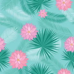 Selbstklebende Fototapeten Summer seamless pattern with tropical leaves and pink flowers for textile, wallpapers, gift wrap, covers and scrapbook.  Vector illustration. © tkoko