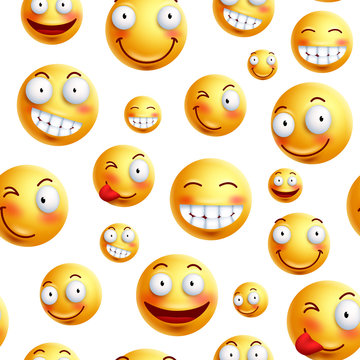 Smiley face pattern vector background. Continuous, endless or seamless smileys pattern with funny facial expressions in white background. Vector illustration.
