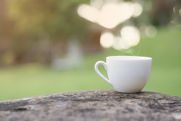 Morning coffee in garden.	
