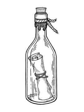 Message In Bottle Engraving Vector Illustration