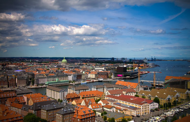 Fototapeta na wymiar Panoramic aerial cityscape of Copenhagen city in Denmark
