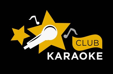 Obraz premium Karaoke club icon template of vector music notes label, microphone and stars