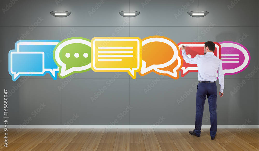 Wall mural businessman using social network interface on a wall 3d rendering