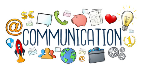 Hand-drawn communication text with icons