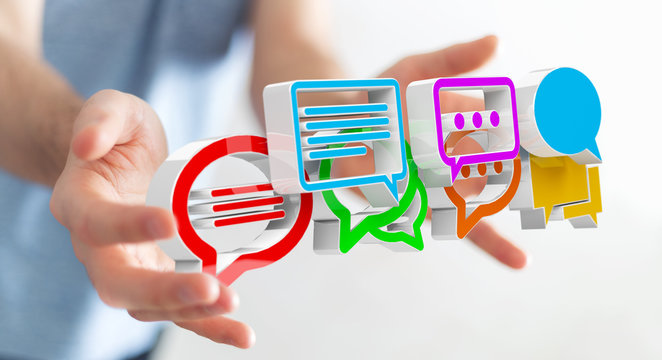 Businessman using digital colorful 3D rendering conversation icons