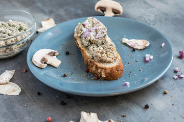 Light mushroom spreads with herbs and tofu on fresh homemade pastries