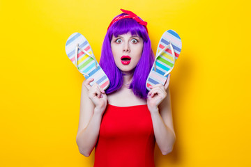 girl with purple color hair and sandal flip flops