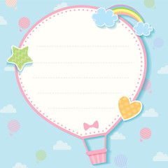 Hot air balloon memo template decorated with star, heart, rainbow and cloud on blue background pattern.