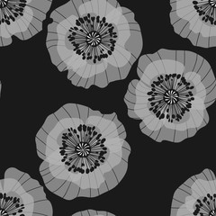Black and white seamless texture with decorative poppies flowers, vector illustration