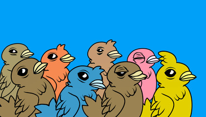 A crowd of cartoon birds. Digital Illustration
