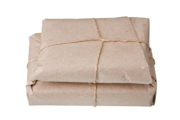 pile parcel wrapped with brown kraft paper