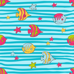 Vector seamless summer pattern with color tropical fishes and se