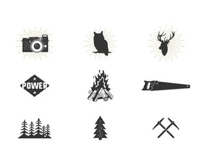 Outdoor adventure silhouette icons set. Climb and camping shapes collection. Simple black pictograms bundle. Use for creating logo and other hiking, surf designs. Vector isolated on white.