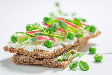 Sandwich with fromage cheese, avocado and crunchy bread