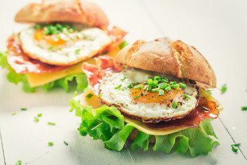 Fresh burger with lettuce, bacon and eggs on white table