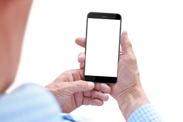 Old man holding smartphone with empty screen in hands