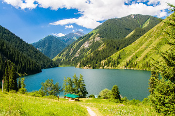 Kolsay lake and the nature of Kazakhstan. Beautiful and Picturesque view.