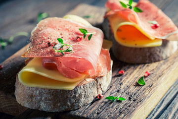 Closeup of sandwich with cheese and ham