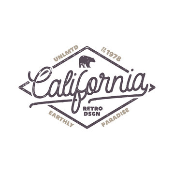 Summer California label with bear and typography elements. Retro surf style for t-shirts, emblems, mugs, apparel design, clothing and other identity. Stock vector isolated on white background