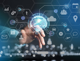 International business network connection displayed on a futuristic interface with technology icon and sphere globe - Worldwide business concept