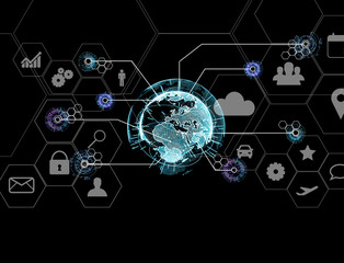 International business network connection displayed on a futuristic interface with technology icon and sphere globe - Worldwide business concept