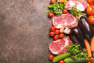 Raw beef meat and vegetables