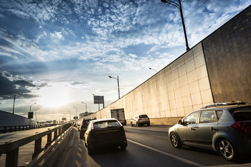 Elevated roads with cars on sunny day. Express way