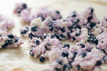 Cottage cheese and blueberry lying on a thin dough, selective focus