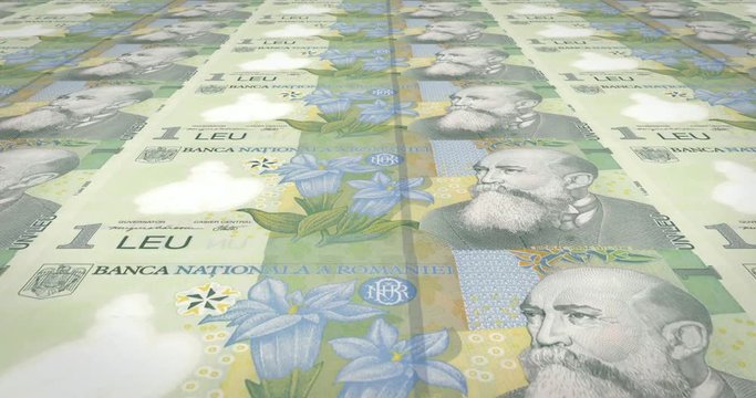 Banknotes of one Romanian leu of Romania rolling, cash money