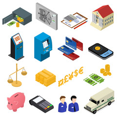 Bank Icons Color Set Isometric View. Vector