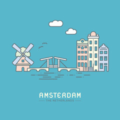 Amsterdam city landmarks flat vector illustration