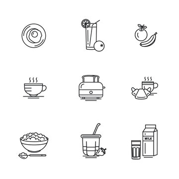 Breakfast - set of vector icons in linear style related to morning meal.