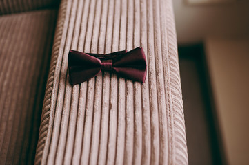 Men's accessories, bow tie top view, flat lay on wooden board background