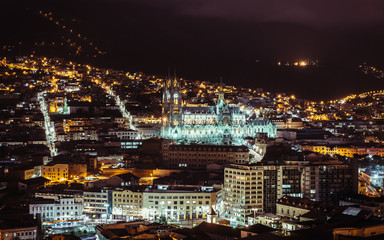 Night time view of the magnificent basilica of Quito, Ecuador
