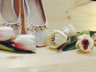 female shoes on a low heel on wooden background