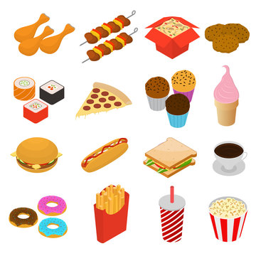 Fast Food Color Icon Set Isometric View. Vector