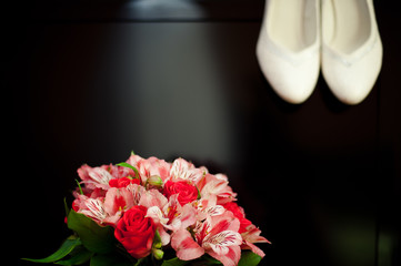 Bridesmaid dresses, shoes, garter, bouquet, rings, bracelet, beads, accessories