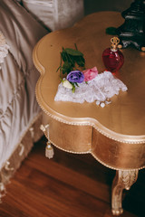 Bridesmaid dresses, shoes, garter, bouquet, rings, bracelet, beads, accessories