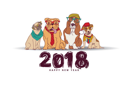 Doodles happy new year card 2018 dogs isolate white.