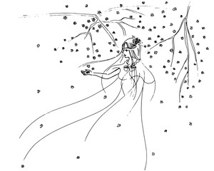Woman with sakura tree abstract illustration by hand drawing black line art on white background for coloring artwork.