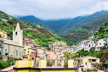 Fototapeta na wymiar Vernazza town in Cinque terre view from above. under UNESCO World Heritage. Beautiful mountain and sea background. Pearl in the mountains