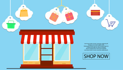 Online Shop banner design for promotion with Shop front and shopping icons. Flat Design.