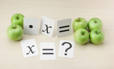 School card and apple with math problems