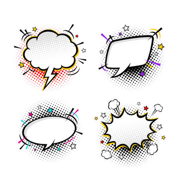 Comic empty speech bubbles on halftone dots background with colorful details in retro pop art style. Vector set of dynamic cartoon funny dialog balloons sketch isolated on white background.