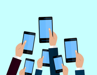 Set of smartphones. Journalism concept, Mass Media, TV, Interview, Breaking News, press conference concept. smartphones. in reporter hands.