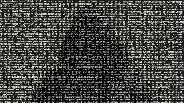 Camera zooms into white computer code while a hooded hacker appears coloring the code red cybersecurity concept