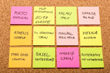 Europe top travel destinations 2017 on colorful sticky notes