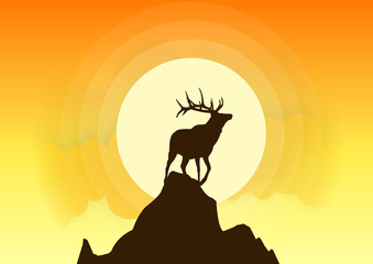 Fototapeta na wymiar Deer Silhouette Vector Sunset. Beautiful sunset background with deer silhouettes. All in a single layer. Vector illustration.