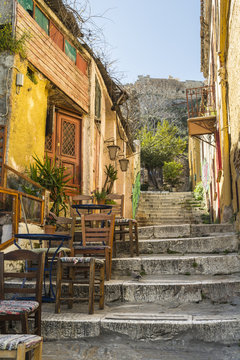 Picturesque alley at plaka leads to acropolis. Athens, Greece